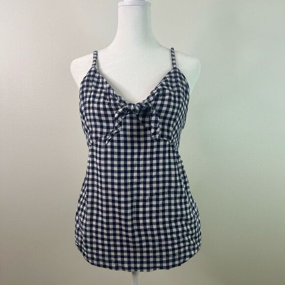 Old Navy Navy Blue Gingham Tie Front Babydoll Cami Tank Top Country Preppy M - Picture 1 of 10